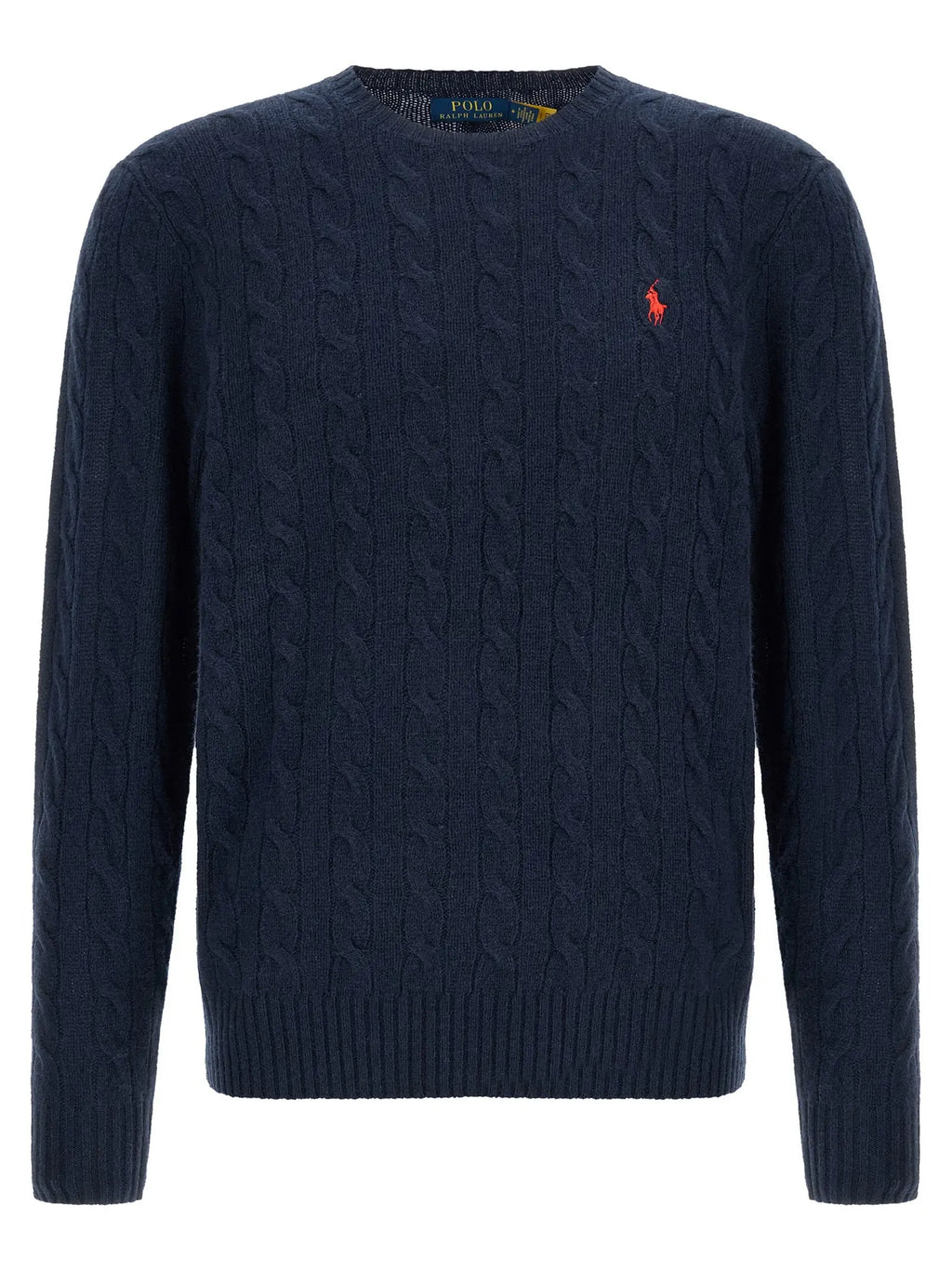 Gilet bleu marine en laine polo ralph lauren avec logo rouge de joueur de polo brodé poitrine gauche