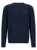 Gilet bleu marine en laine polo ralph lauren avec logo rouge de joueur de polo brodé poitrine gauche