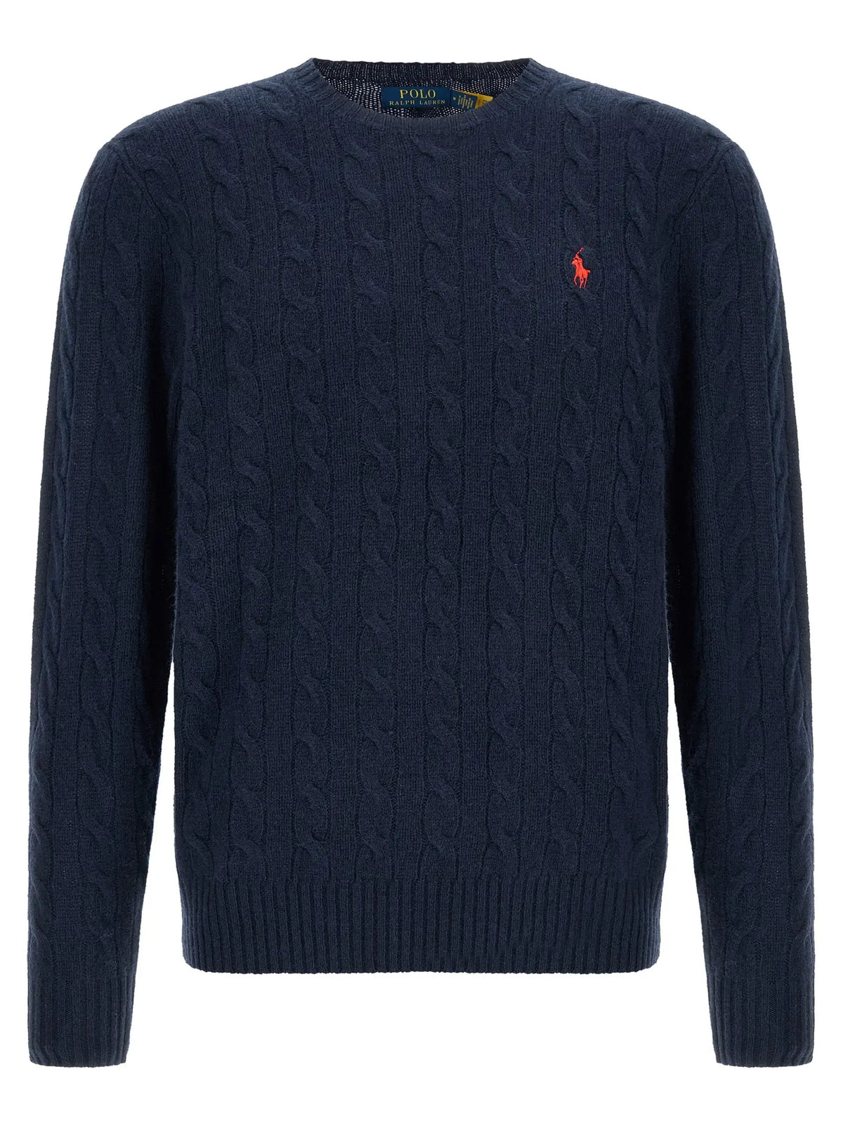 Gilet bleu marine en laine polo ralph lauren avec logo rouge de joueur de polo brodé poitrine gauche