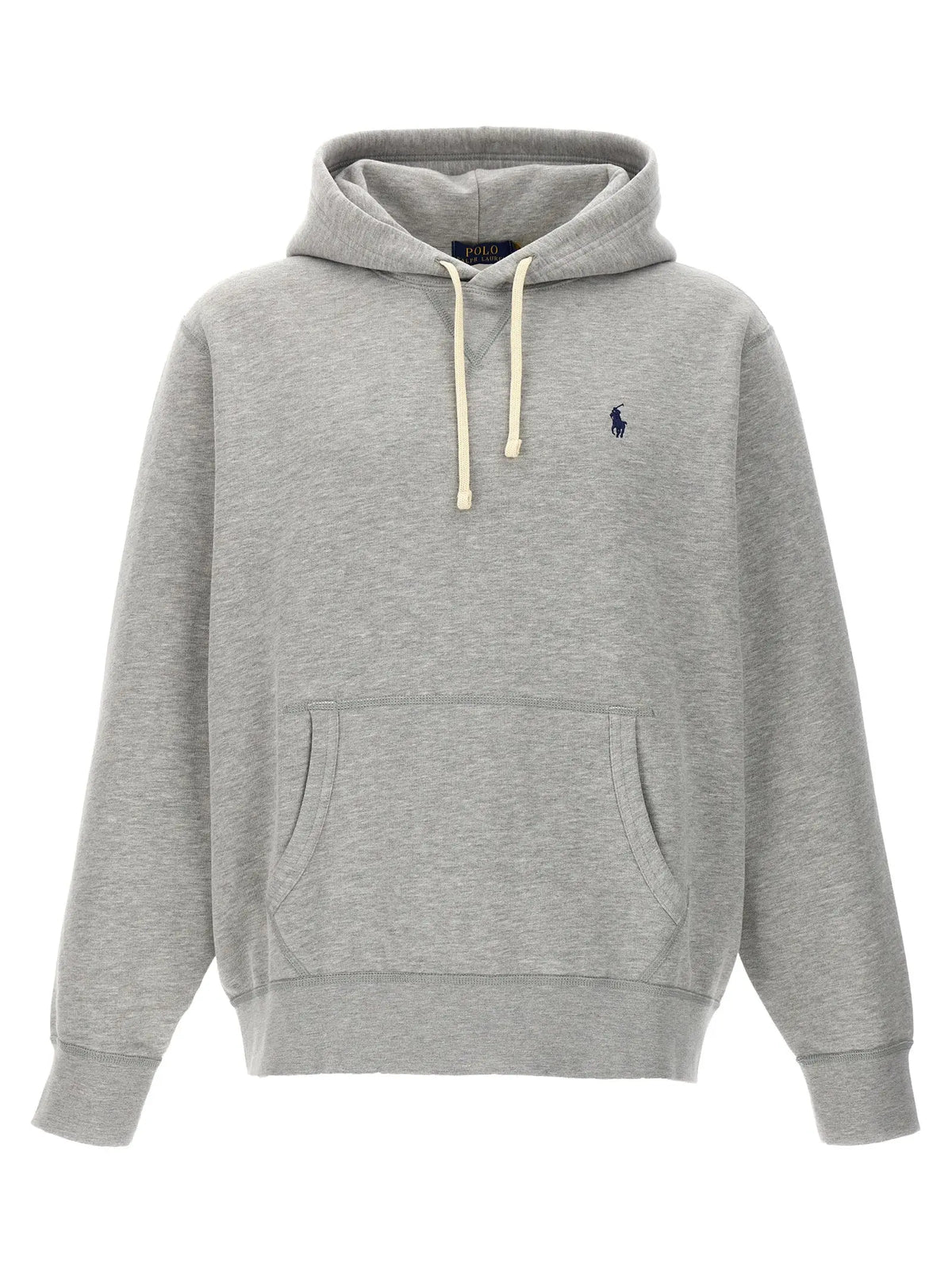 Sweatshirt polo ralph lauren en coton gris chiné avec cordons crème et logo polo bleu marine brodé poitrine