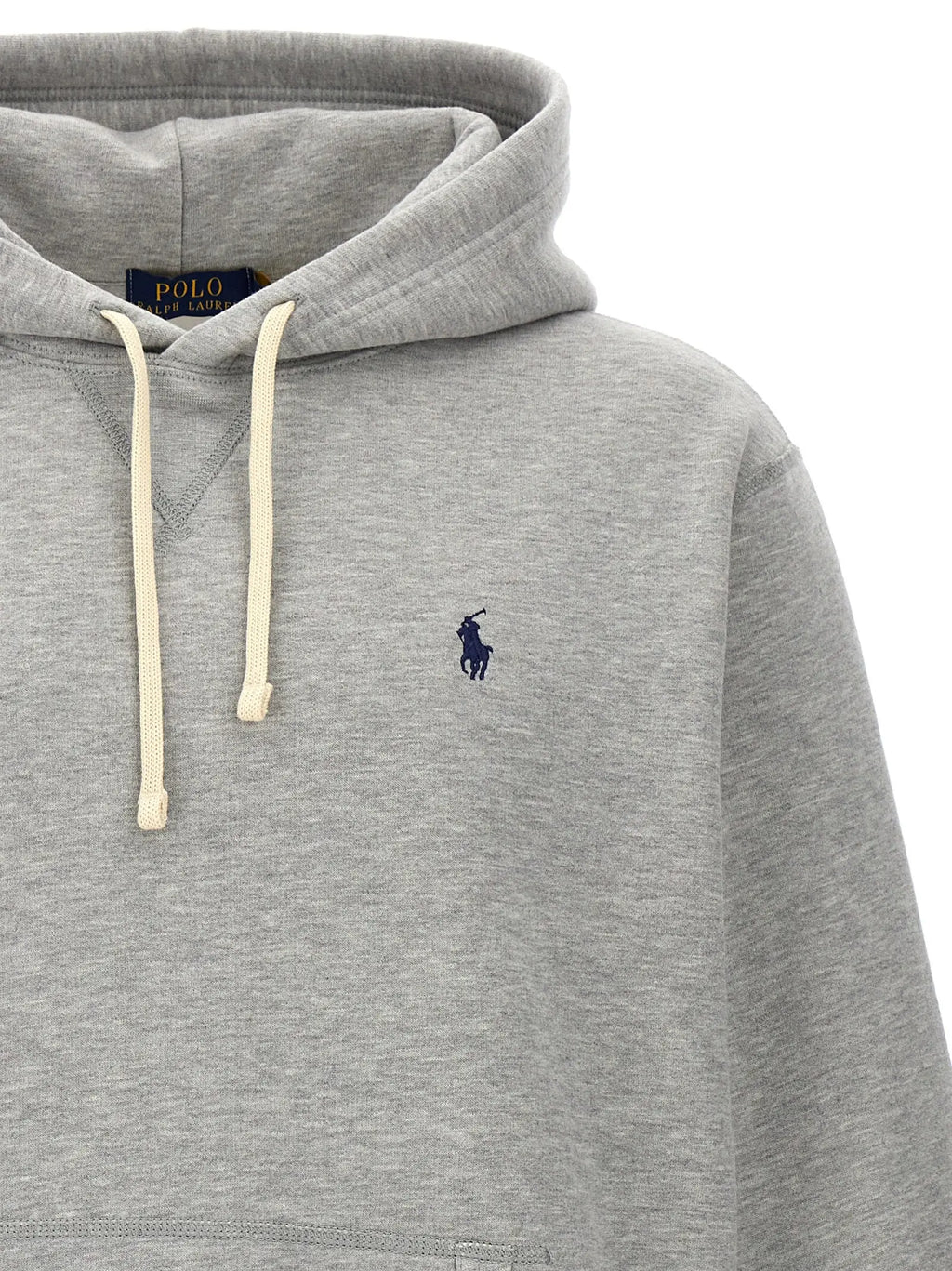 Sweatshirt polo ralph lauren en coton gris chiné avec cordons crème et logo joueur de polo brodé bleu marine