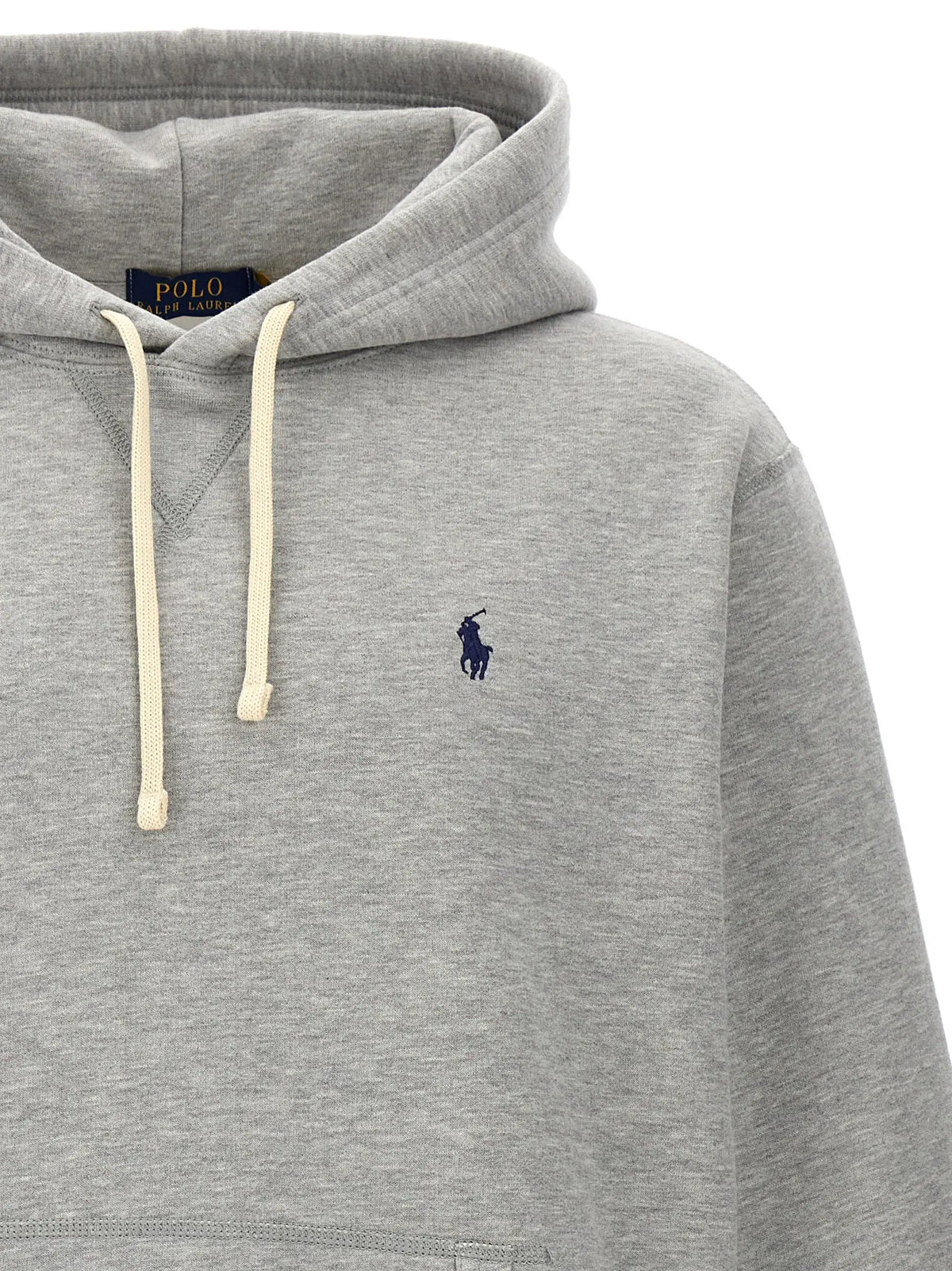 Sweatshirt polo ralph lauren en coton gris chiné avec cordons crème et logo joueur de polo brodé bleu marine