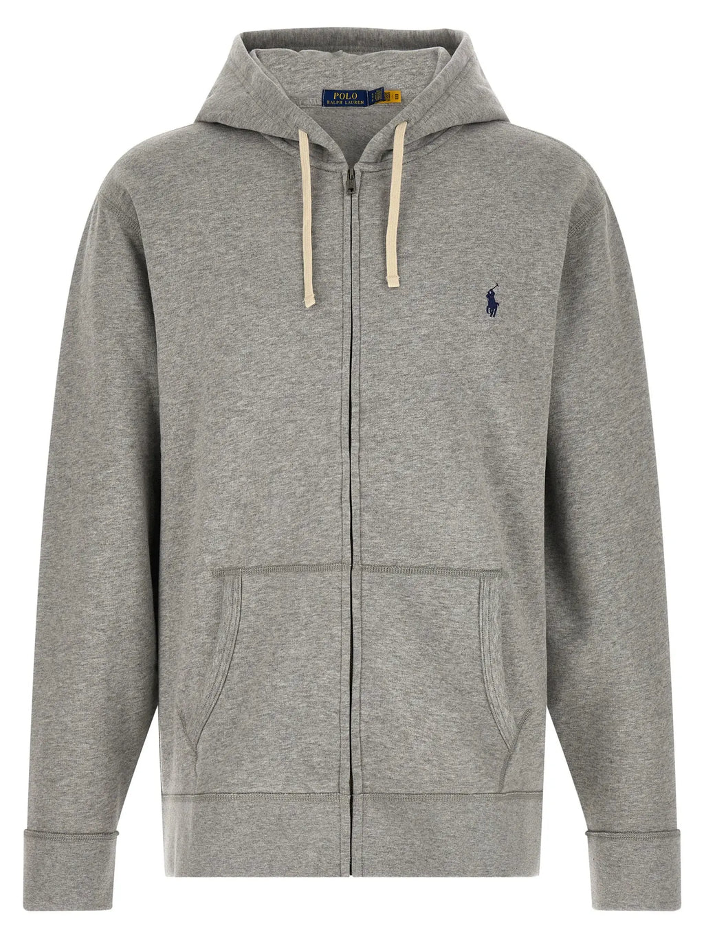 Sweatshirt polo ralph lauren gris en coton avec capuche zippée, cordons crème et logo joueur de polo bleu marine brodé
