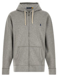 Sweatshirt polo ralph lauren gris en coton avec capuche zippée, cordons crème et logo joueur de polo bleu marine brodé