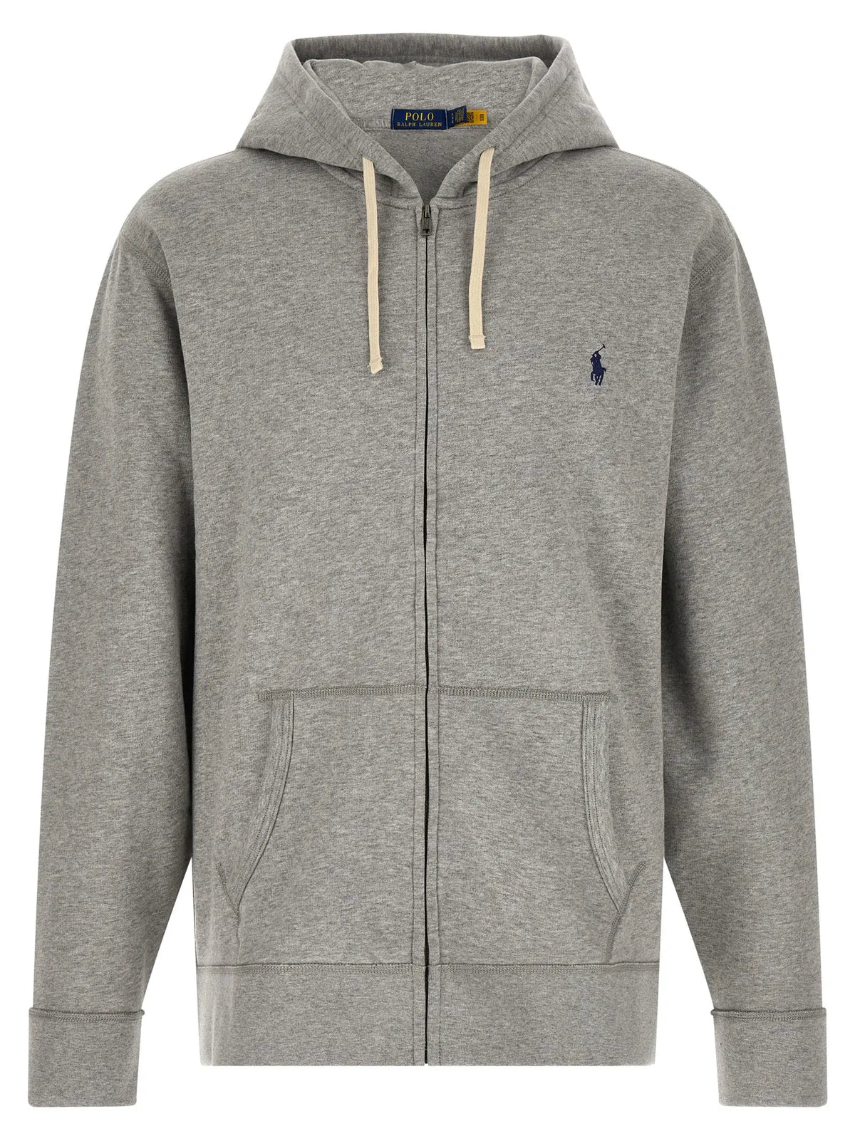 Sweatshirt polo ralph lauren gris en coton avec capuche zippée, cordons crème et logo joueur de polo bleu marine brodé