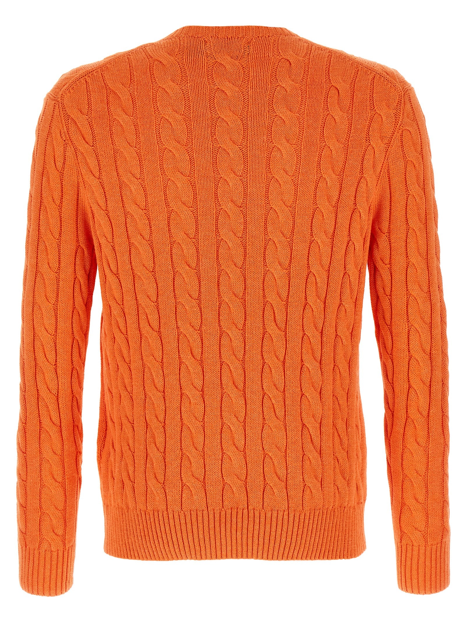 Cardigan en coton orange de Polo Ralph Lauren, manches longues et col en V, porté sur un mannequin.