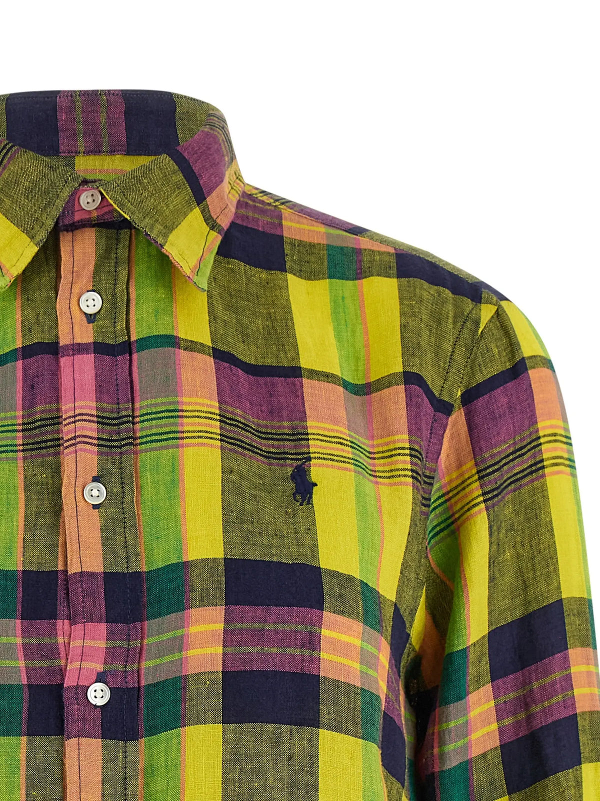 Chemise boutonnée en lin multicolore à carreaux avec logo polo joueur ralph lauren bleu marine sur la poitrine