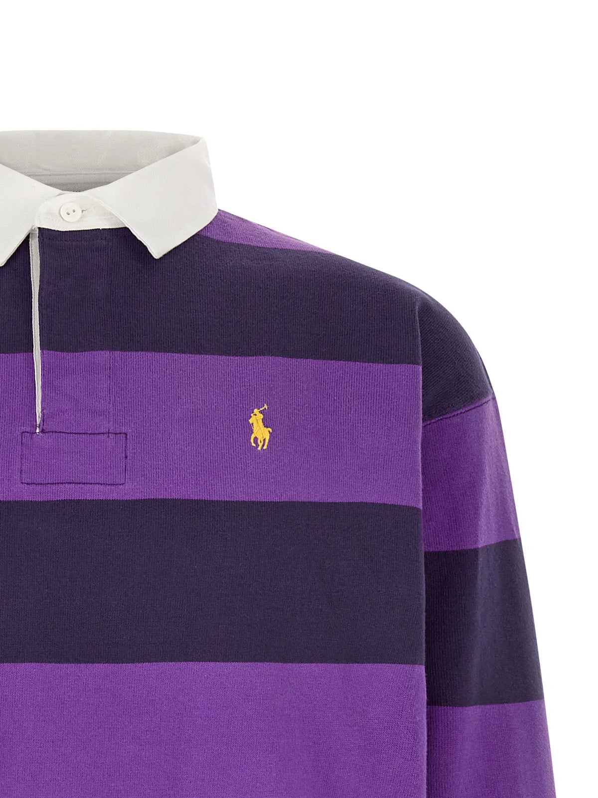 Polo ralph lauren purple cotton polo shirt with purple navy stripes white collar and yellow embroidered polo player logo