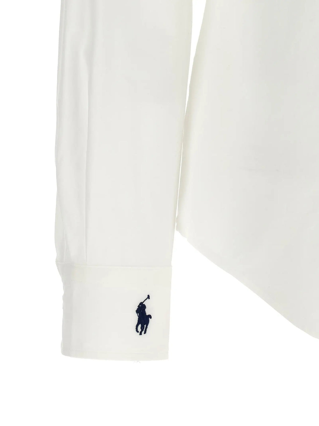 Manche de blouse en coton blanc polo ralph lauren avec logo brodé bleu marine sur le poignet