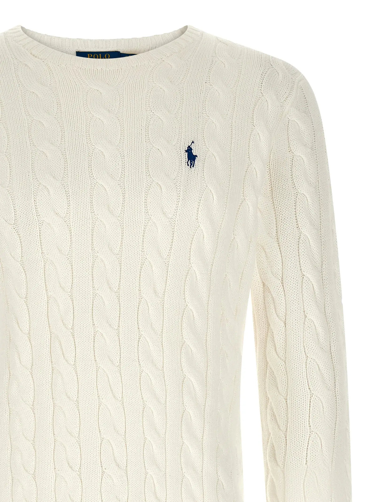 Cardigan polo ralph lauren blanc en coton avec logo classique brodé bleu marine sur poitrine en maille torsadée couleur crème