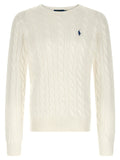 Cardigan en coton blanc polo ralph lauren avec logo joueur de polo bleu marine brodé sur poitrine en maille torsadée crème