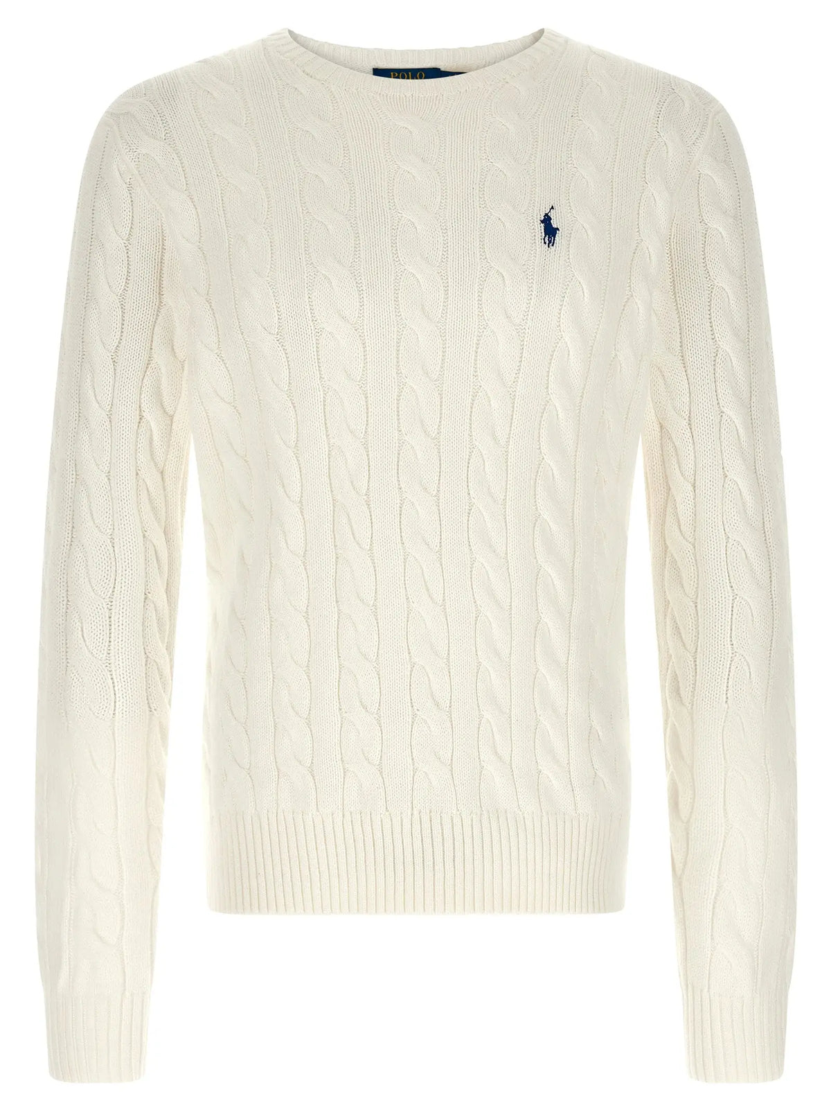 Cardigan en coton blanc polo ralph lauren avec logo joueur de polo bleu marine brodé sur poitrine en maille torsadée crème