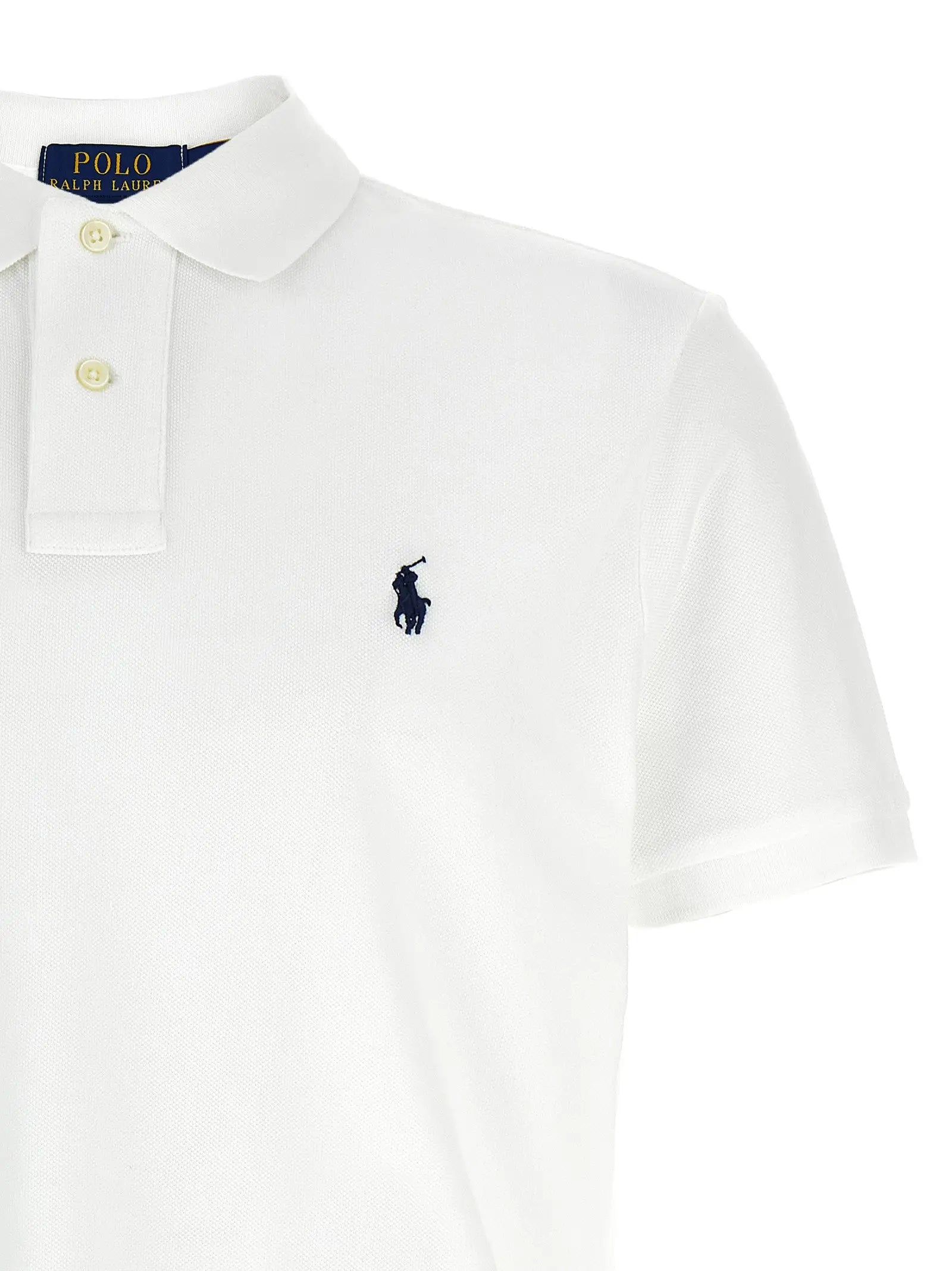 Polo ralph lauren chemise polo blanche en coton avec logo brodé bleu marine et col boutonné assorti