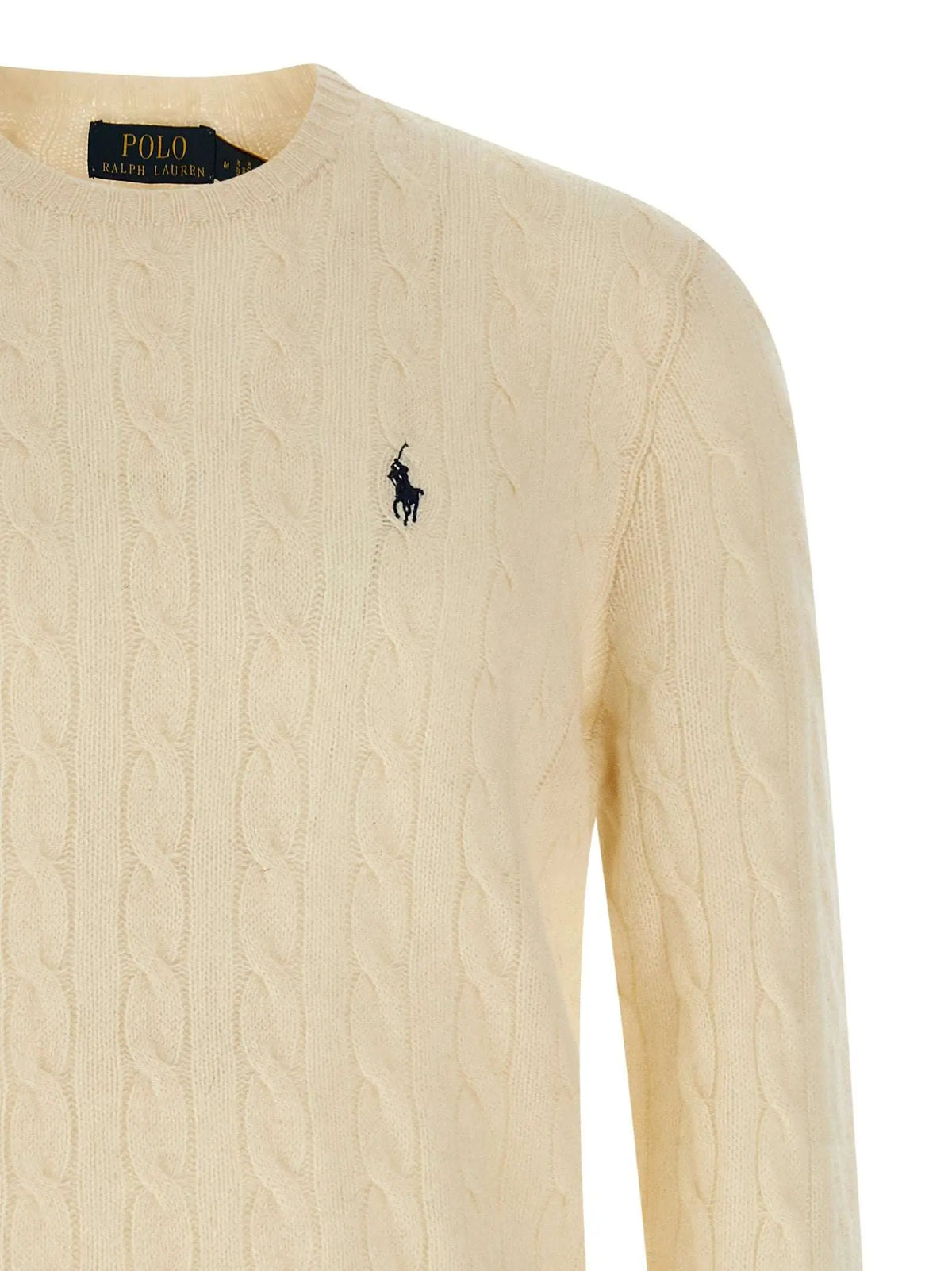 Cardigan en laine blanc polo ralph lauren avec logo brodé marine et motif torsadé crème