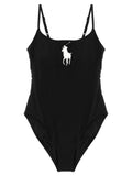 Maillot de bain une pièce en nylon noir de Polo Ralph Lauren, style élégant avec logo en relief sur la poitrine.