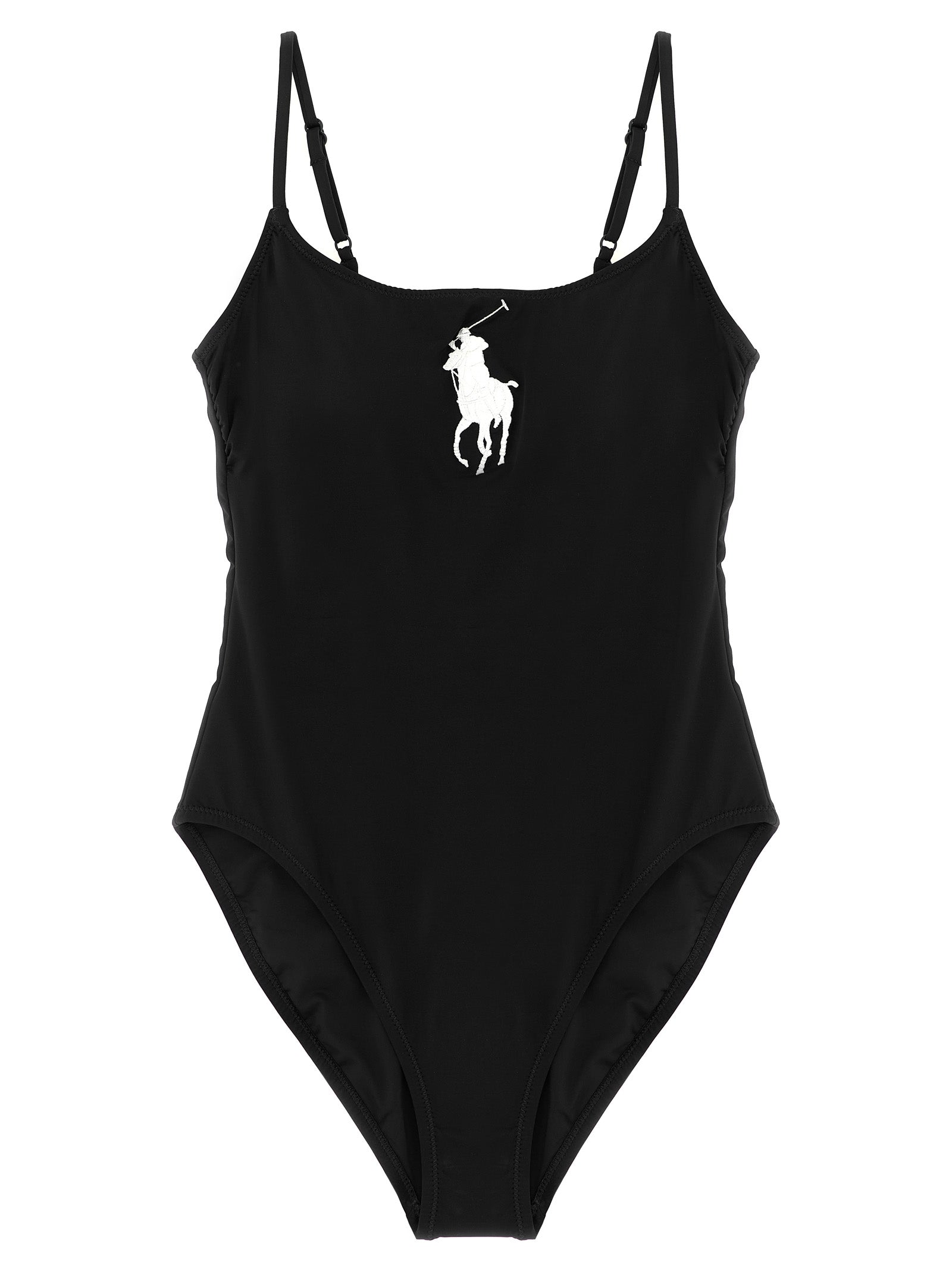 Maillot de bain une pièce en nylon noir de Polo Ralph Lauren, style élégant avec logo en relief sur la poitrine.