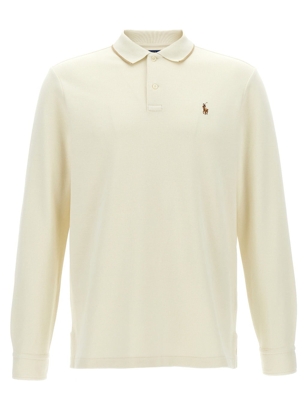 Chemise polo Ralph Lauren beige en coton, vue de face, avec col et boutons visibles, tissu doux et élégance classique.