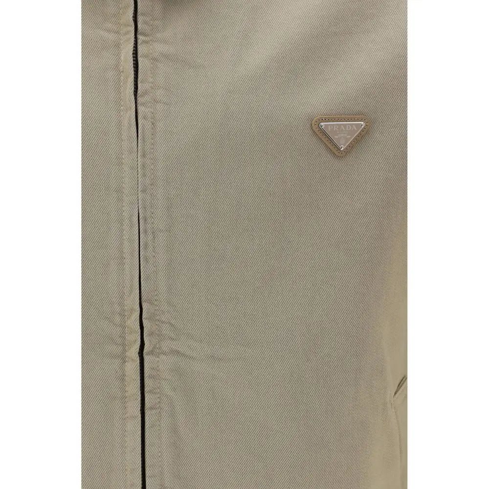 Veste en denim coton beige prada avec patch logo metal triangulaire