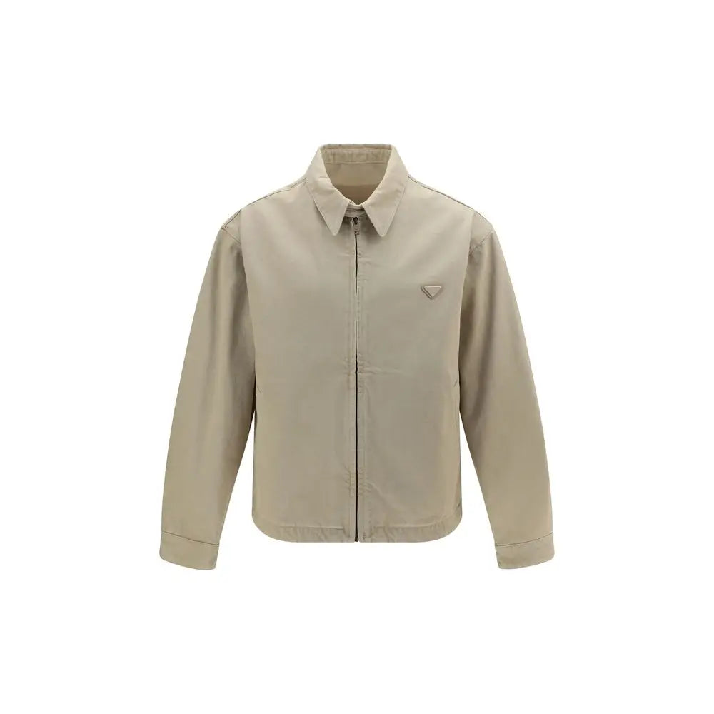 Veste en denim coton beige prada pour homme avec logo triangulaire subtil sur la poitrine
