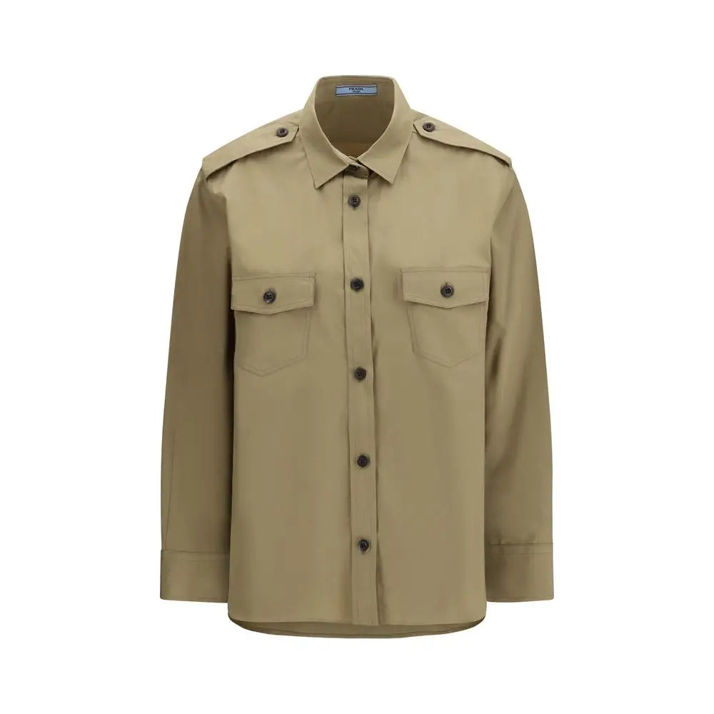 Chemise beige prada en coton style militaire avec épaulettes boutonnées et poches frontales