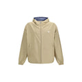 Beige prada hooded jacket in recycled polyamide shell with blue interior lining and subtle triangular logo on chest