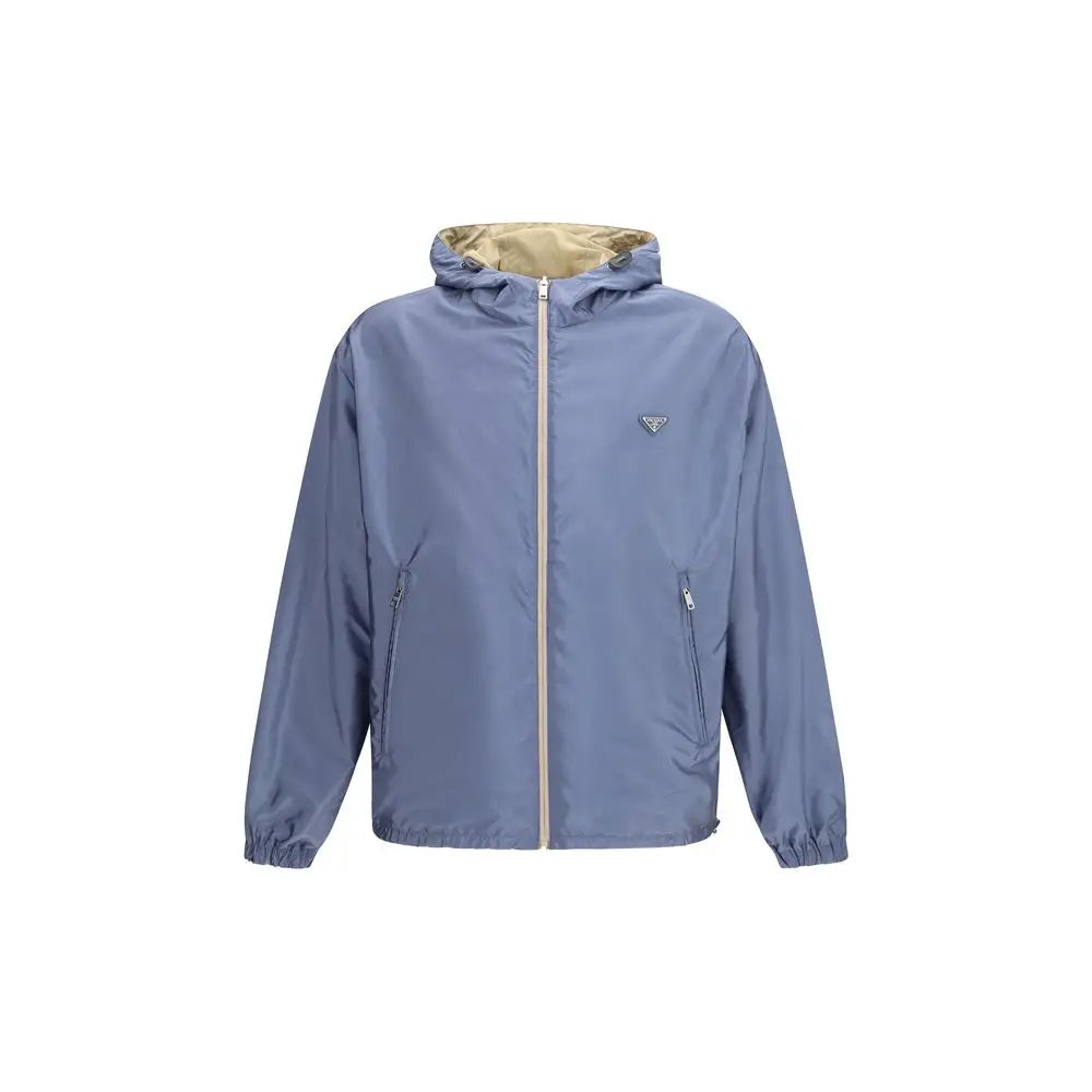 Veste à capuche prada bleu clair en polyamide recyclé beige avec doublure intérieure et tirettes assorties