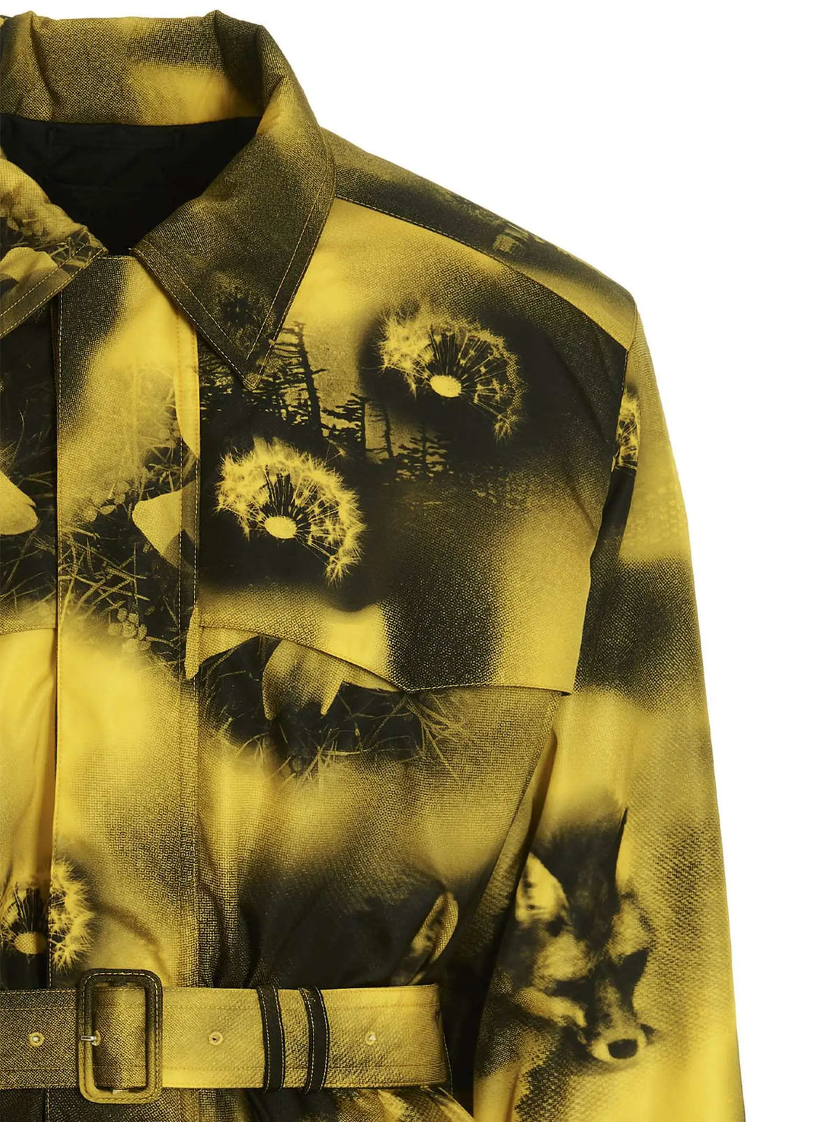Parka prada bicolor en polyamide jaune et noir avec motifs pissenlit et renard imprimés