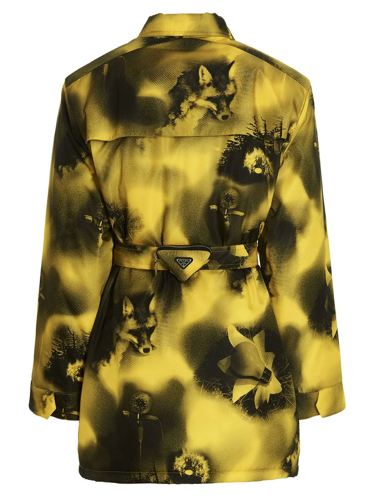 Parka prada bicolor en polyamide jaune et noir avec ceinture motifs loup et pissenlit