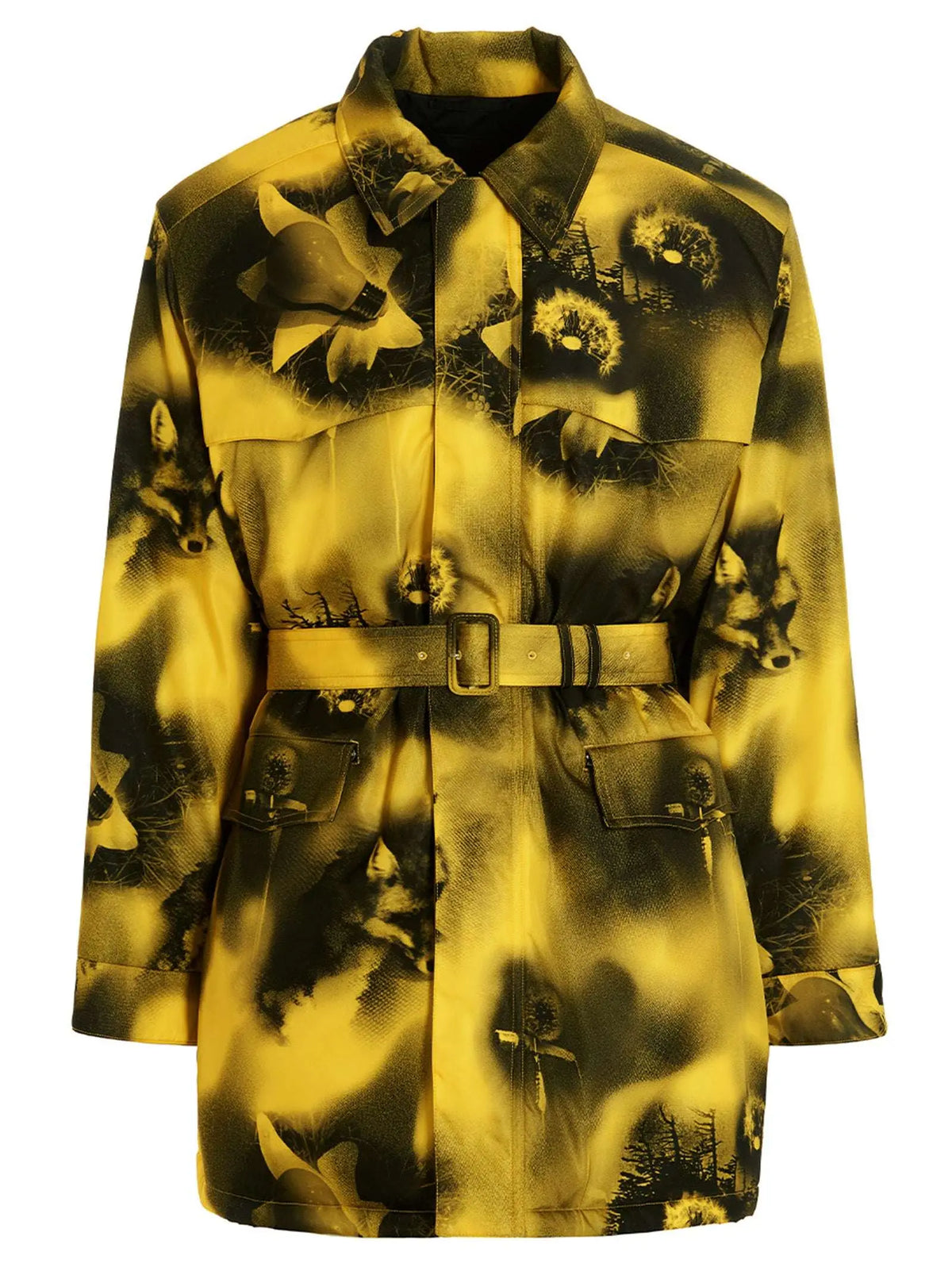 Parka bicolore en polyamide prada jaune et noir avec imprimé renard et taille ceinturée