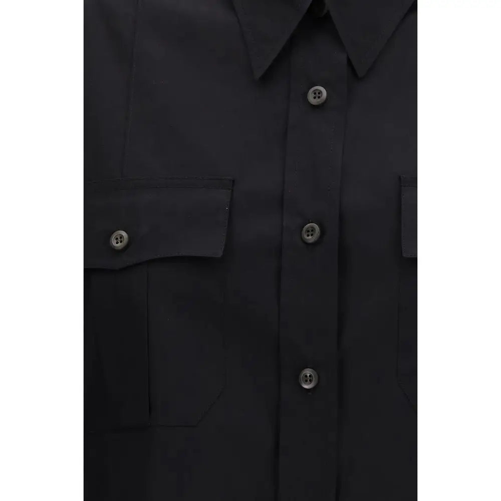 Chemise noire en coton prada à manches courtes avec boutons argentés et poches à rabat