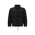 Veste longue prada noire en duvet d oie avec col montant, fermeture par boutons et logo triangulaire subtil