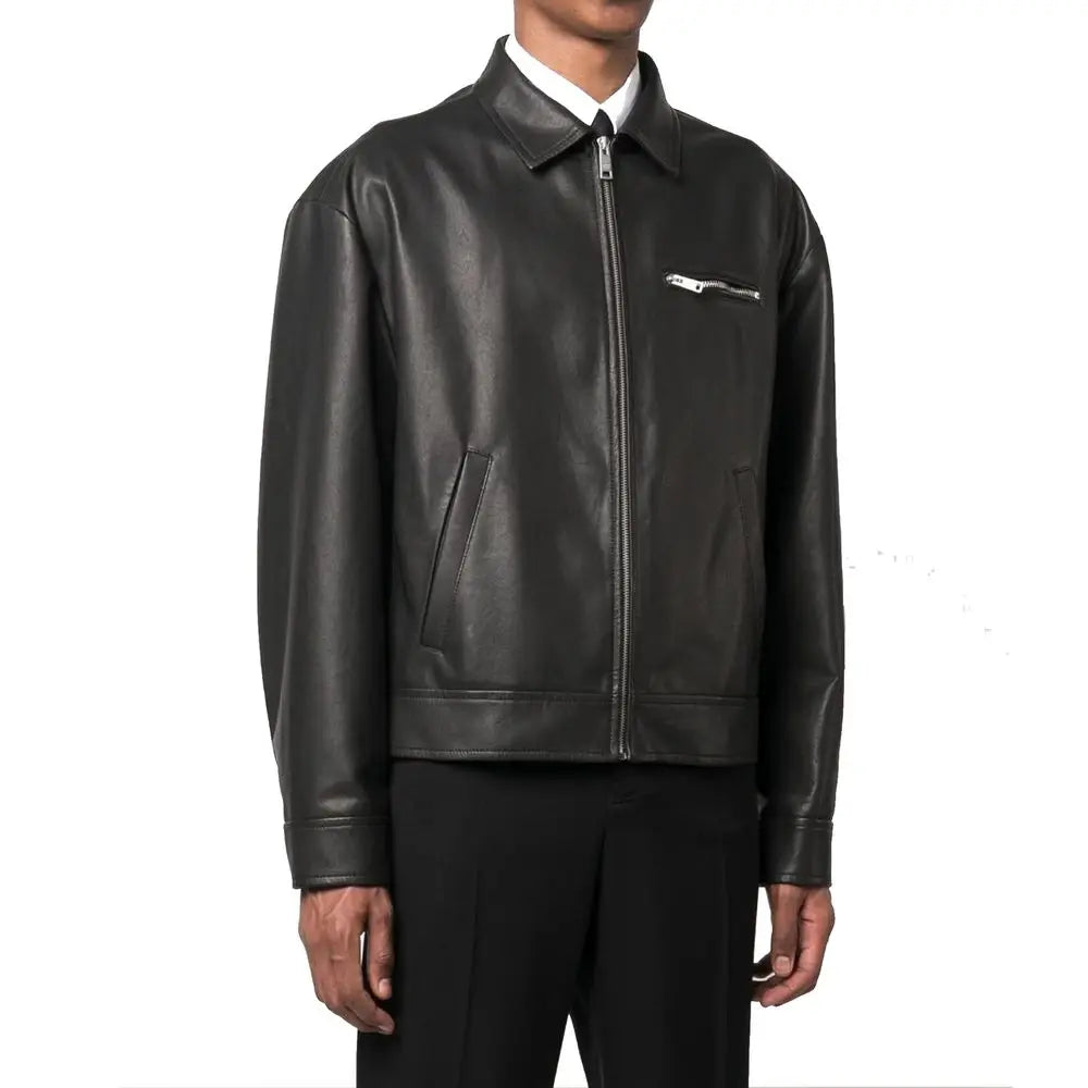 Veste bomber en cuir dagneau noire prada avec fermeture éclair avant col et poche poitrine