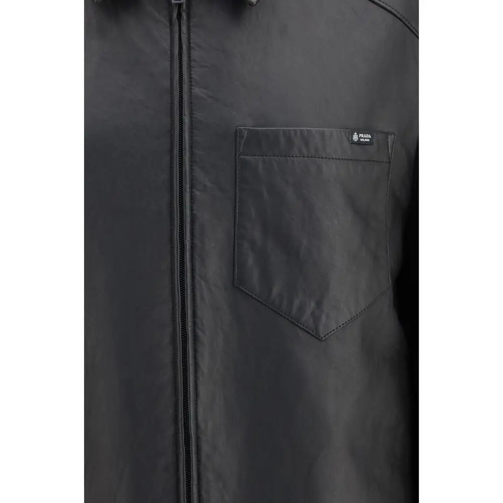 Veste prada black lamb ovis aries en cuir noir avec une finition mate élégante et des coutures discrètes