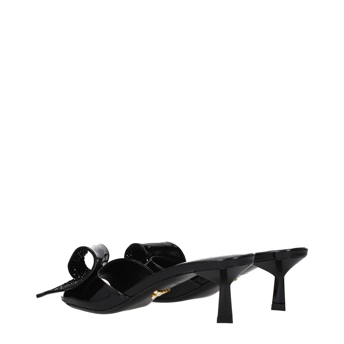 Mule sandal prada en cuir noir verni avec nœud proéminent et détail en métal doré