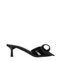 Prada black leather sandals featuring black patent leather mules with a glossy finish and ornate bow detail