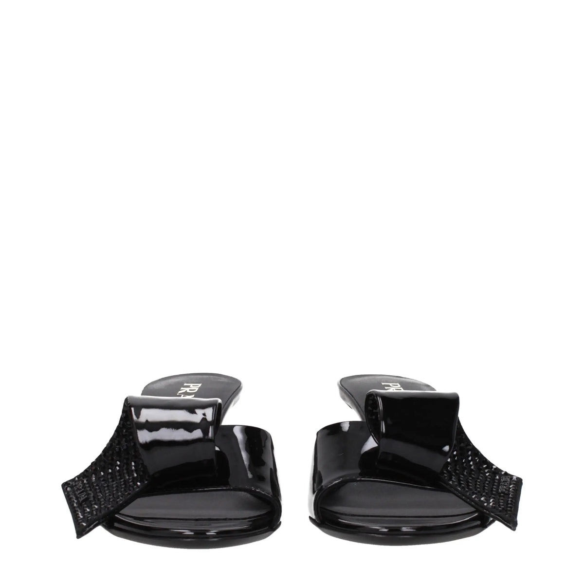 Sandales noires en cuir prada en cuir verni avec bride texturée et ornée