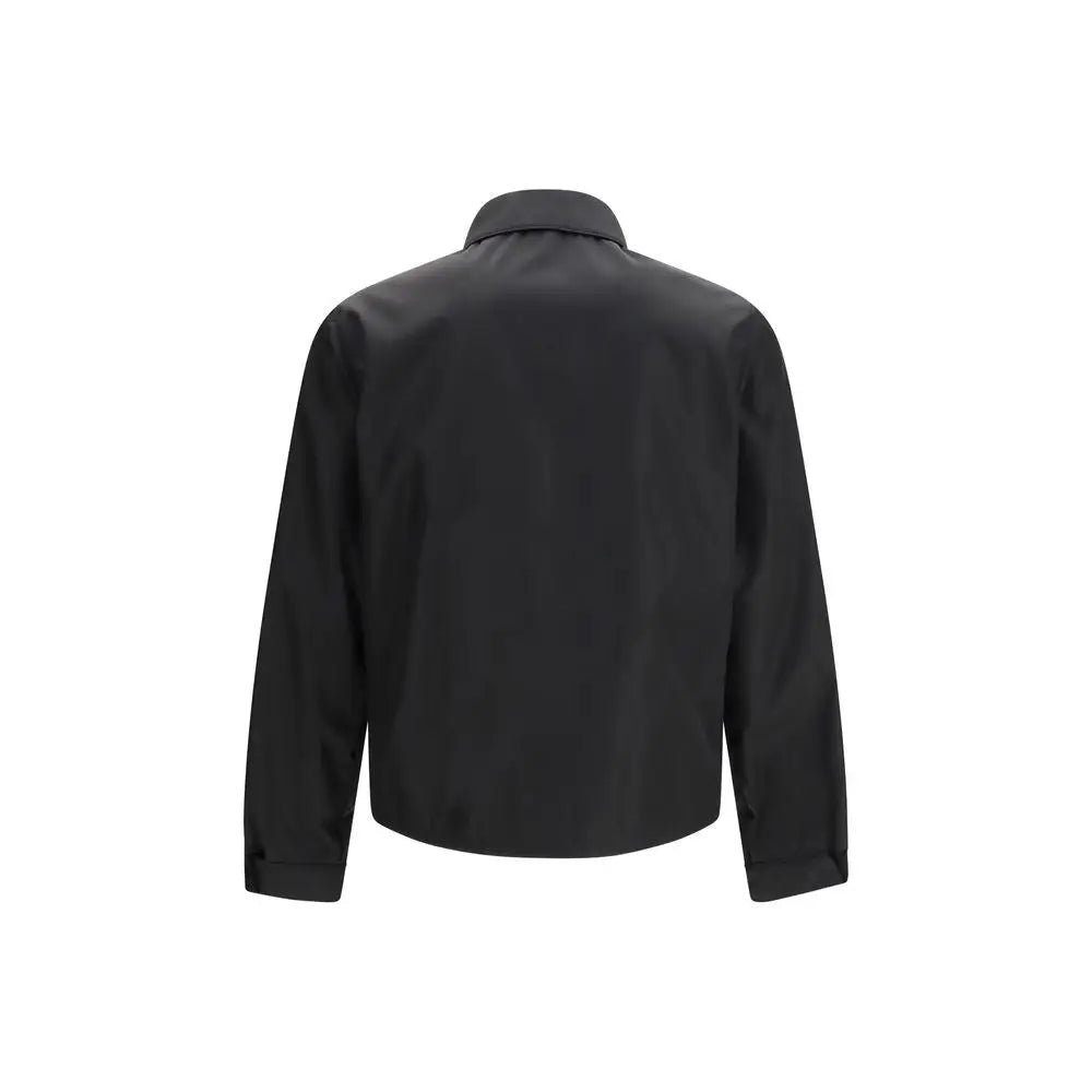 Veste longue prada noire en polyamide recyclé avec col structuré et manches longues au fini sobre et brillant