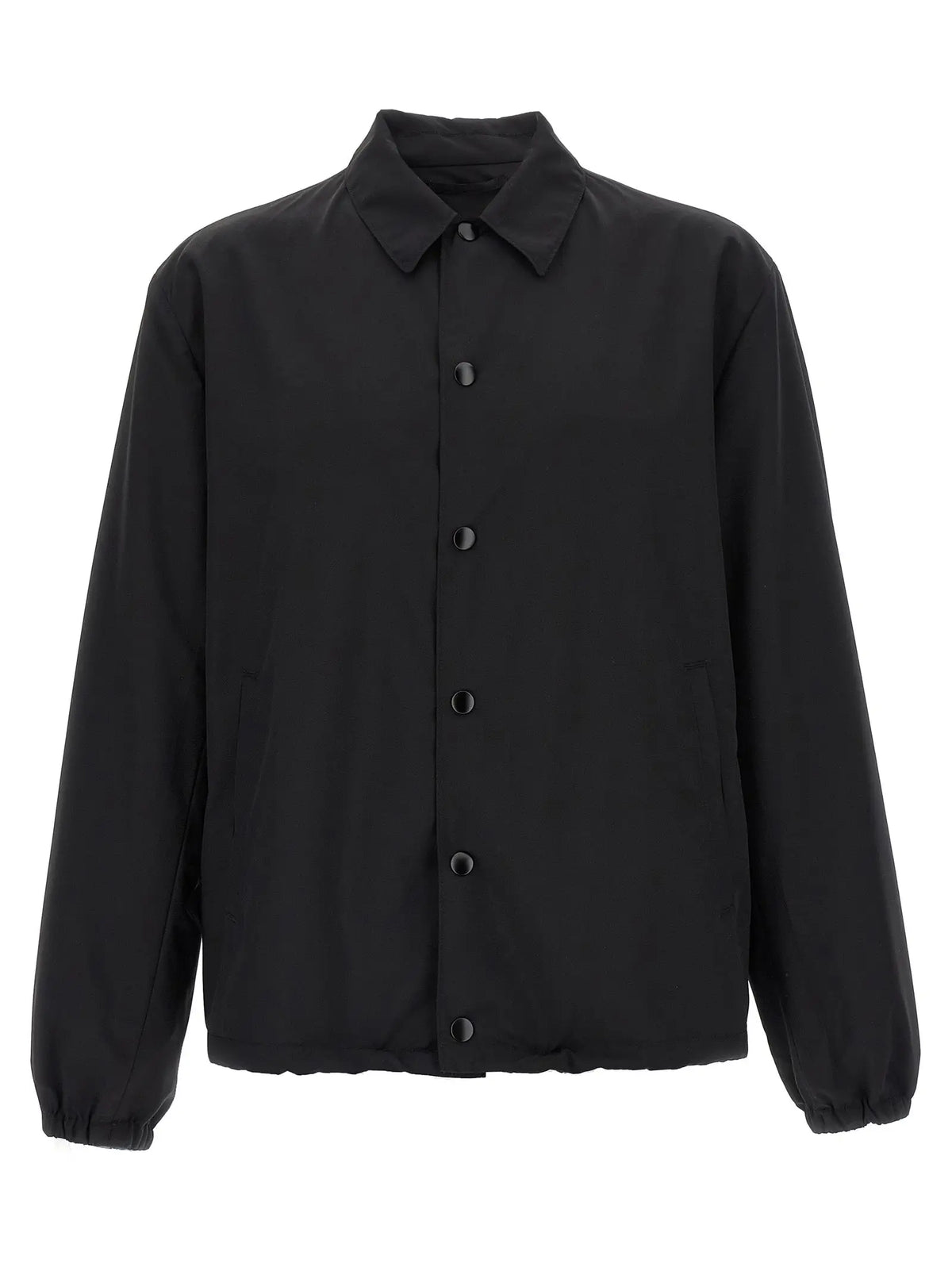 Veste longue noire en laine vierge prada à boutons-pression avec col classique et poignets élastiques