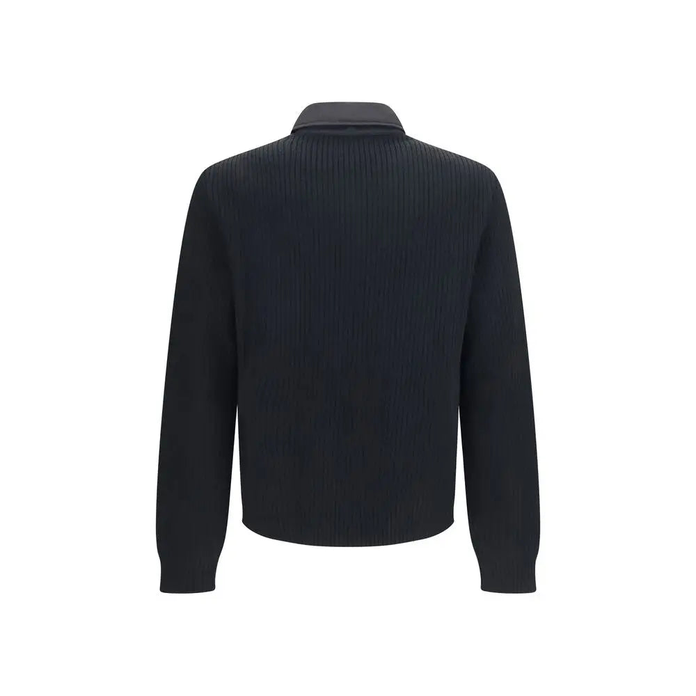 Pull noir en maille côtelée avec col montant pour la veste longue en laine prada black wool oves aries