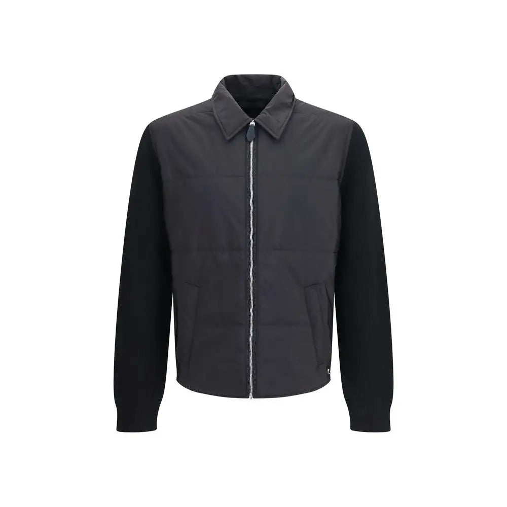 Veste longue prada oves aries en laine noire deux tons noir et gris charbon avec col, zip et poches latérales matelassée