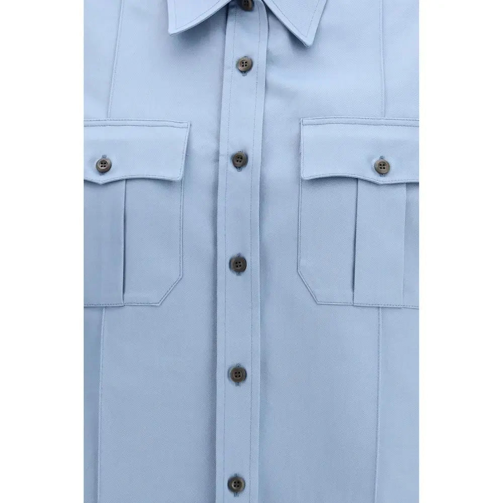 Chemise bleu clair prada en coton à manches courtes avec deux poches poitrine et boutons marron assortis