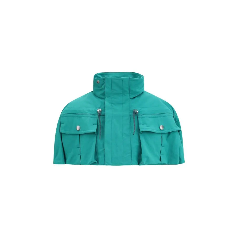 Manteau prada bleu nylon avec veste utility style teal courte à col montant et poches à rabat argentées