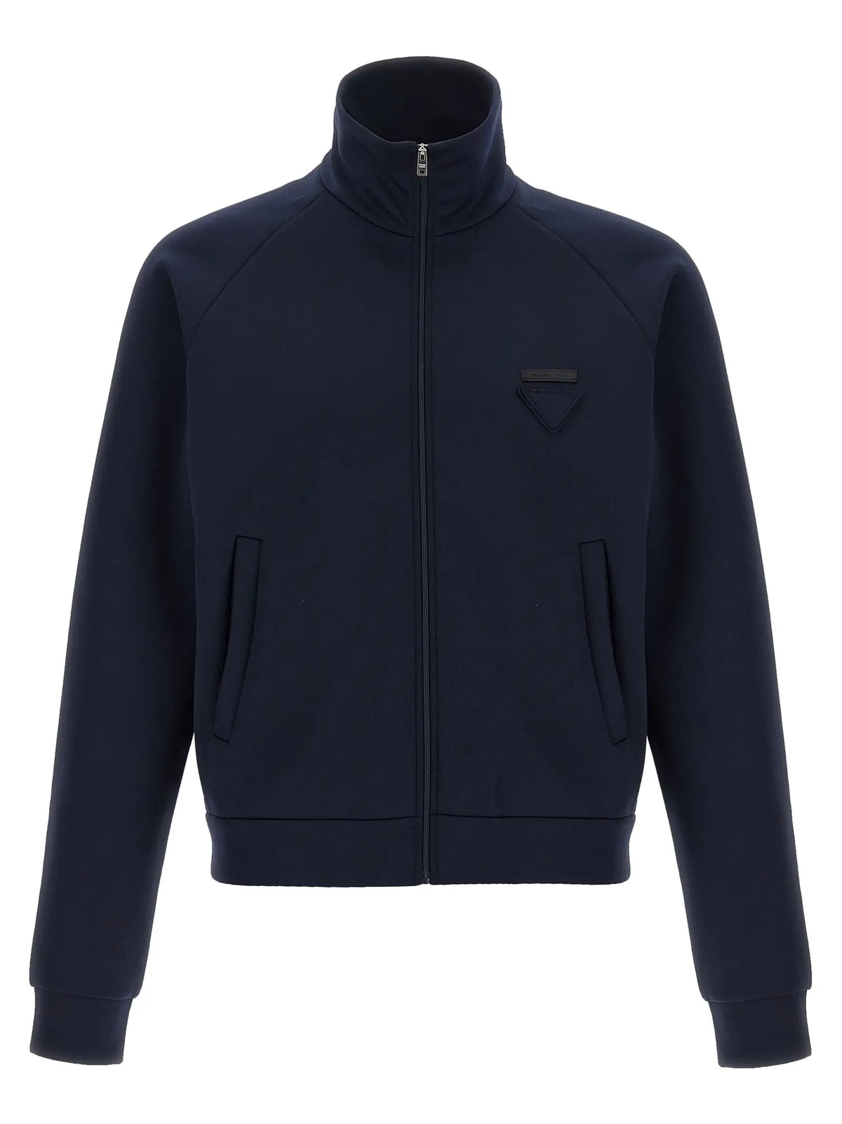 Veste de survêtement prada bleu marine en polyester avec col montant fermeture éclair devant et logo triangulaire subtil