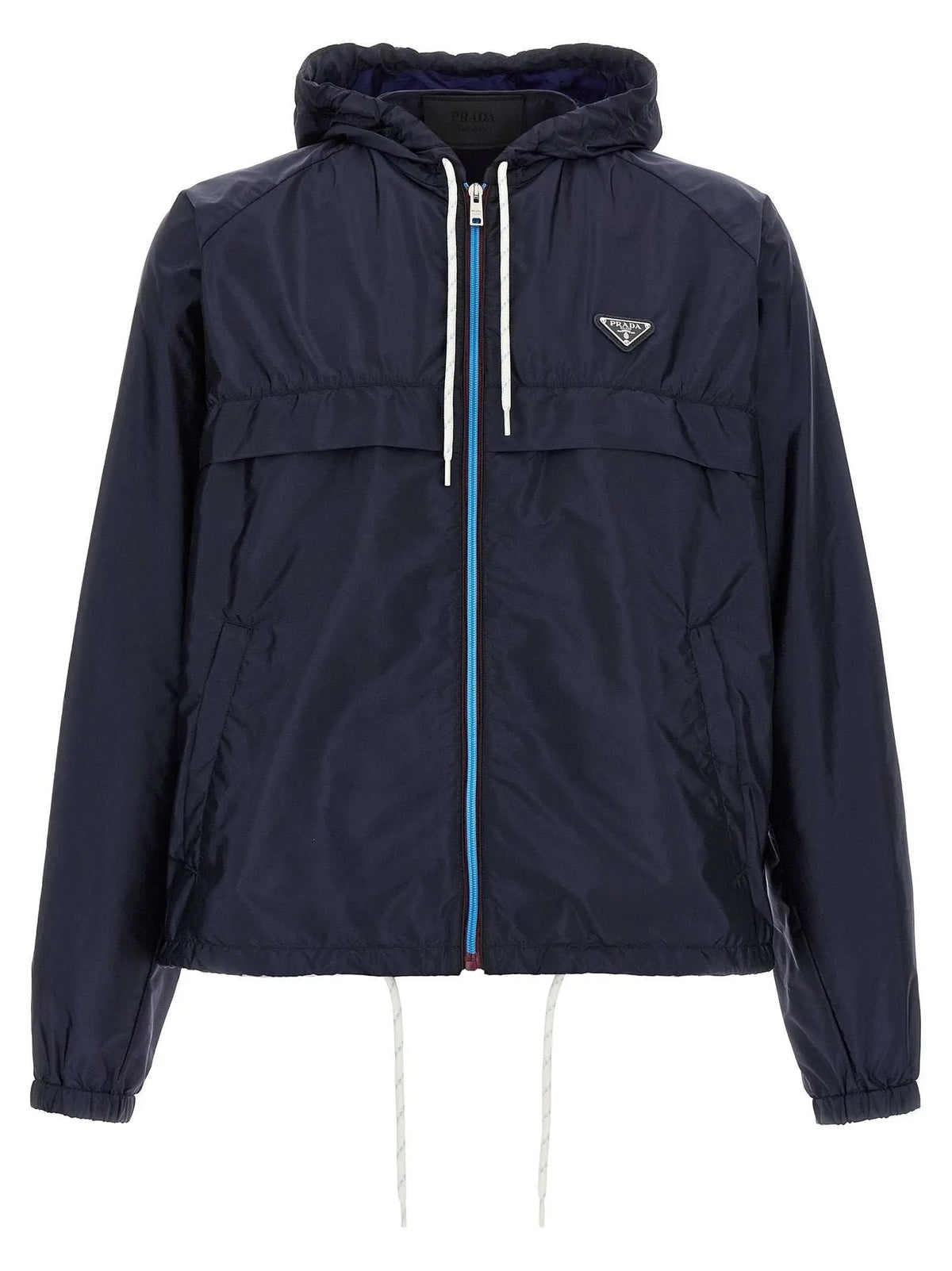 Veste prada bleu marine en polyamide recyclé avec capuche et fermeture éclair centrale bleu clair contrastante