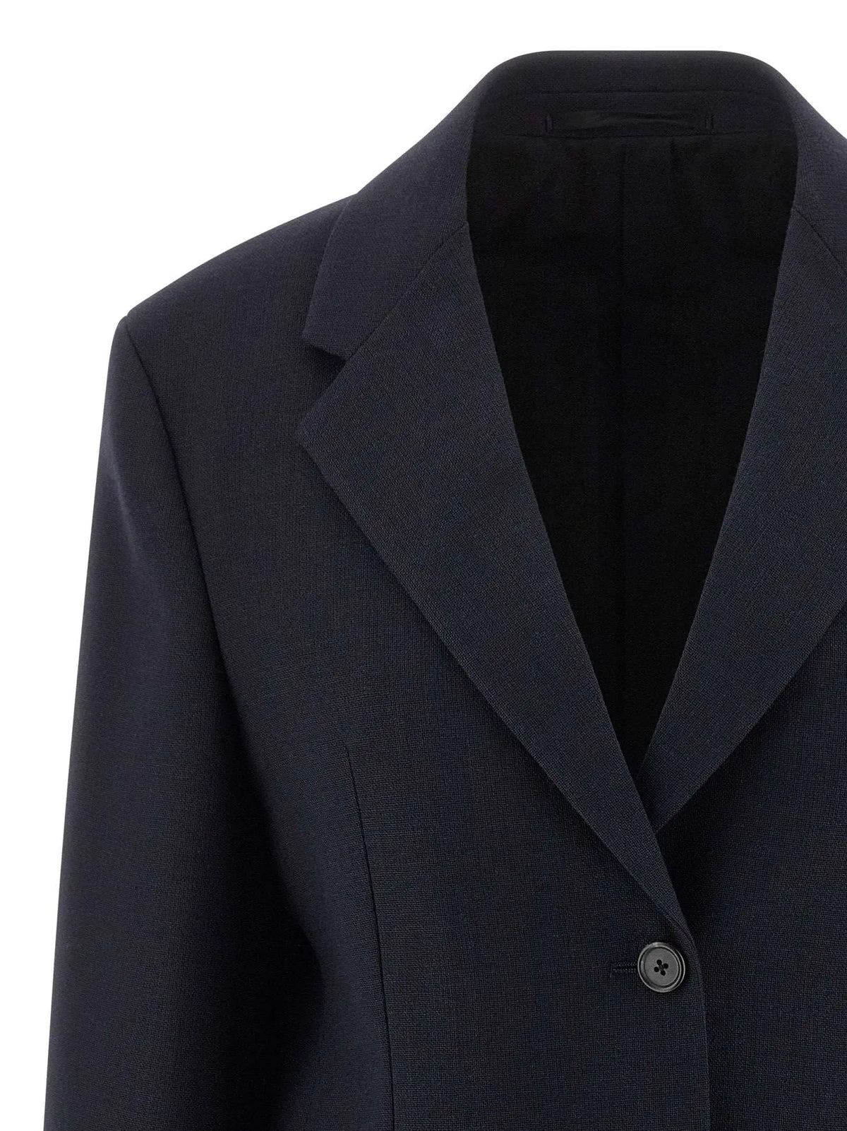 Blazer bleu prada en laine vierge avec col structuré et tissu texturé subtil en bleu marine foncé