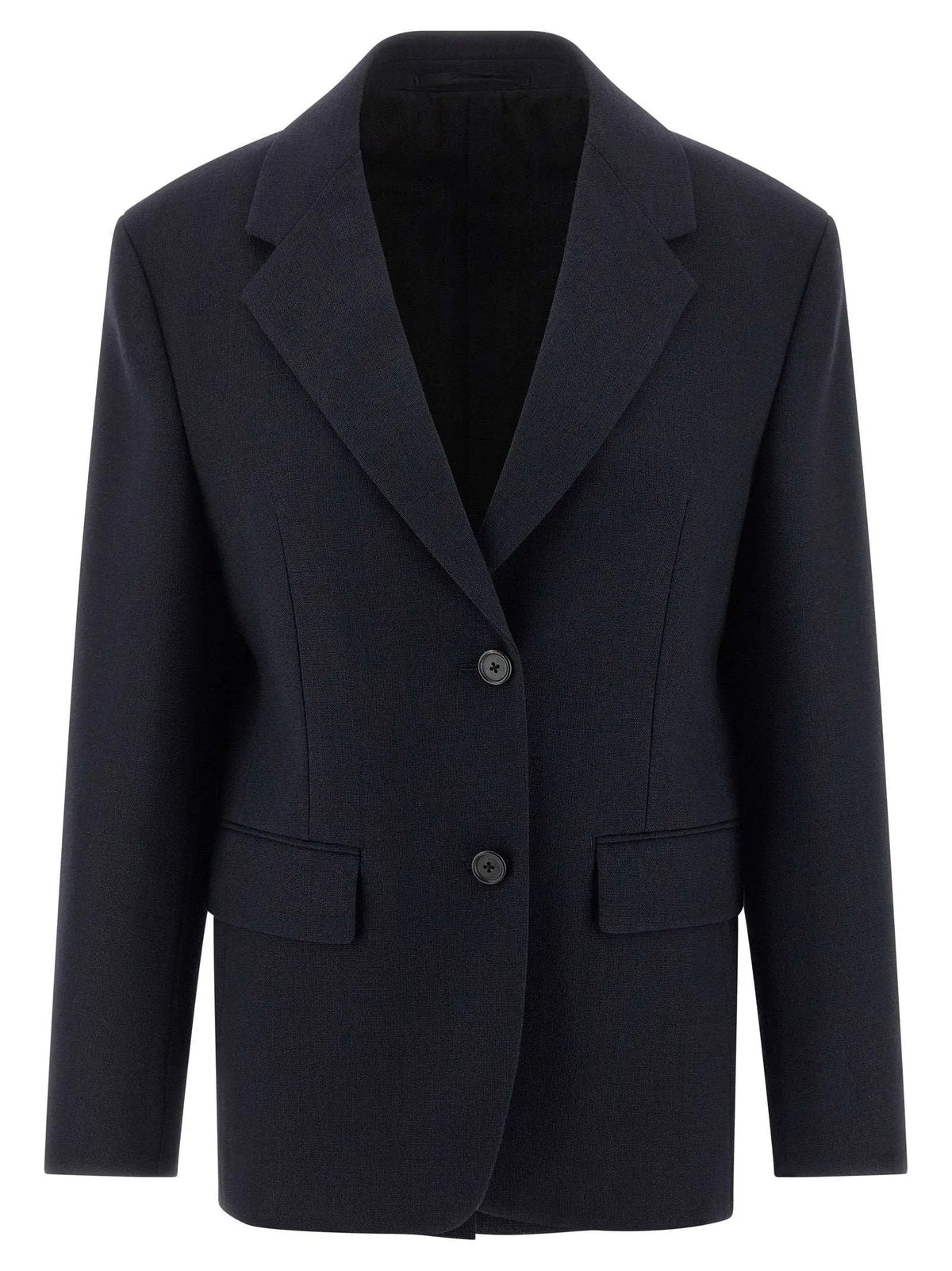 Blazer prada bleu en laine vierge avec revers crantés et deux boutons avant noir