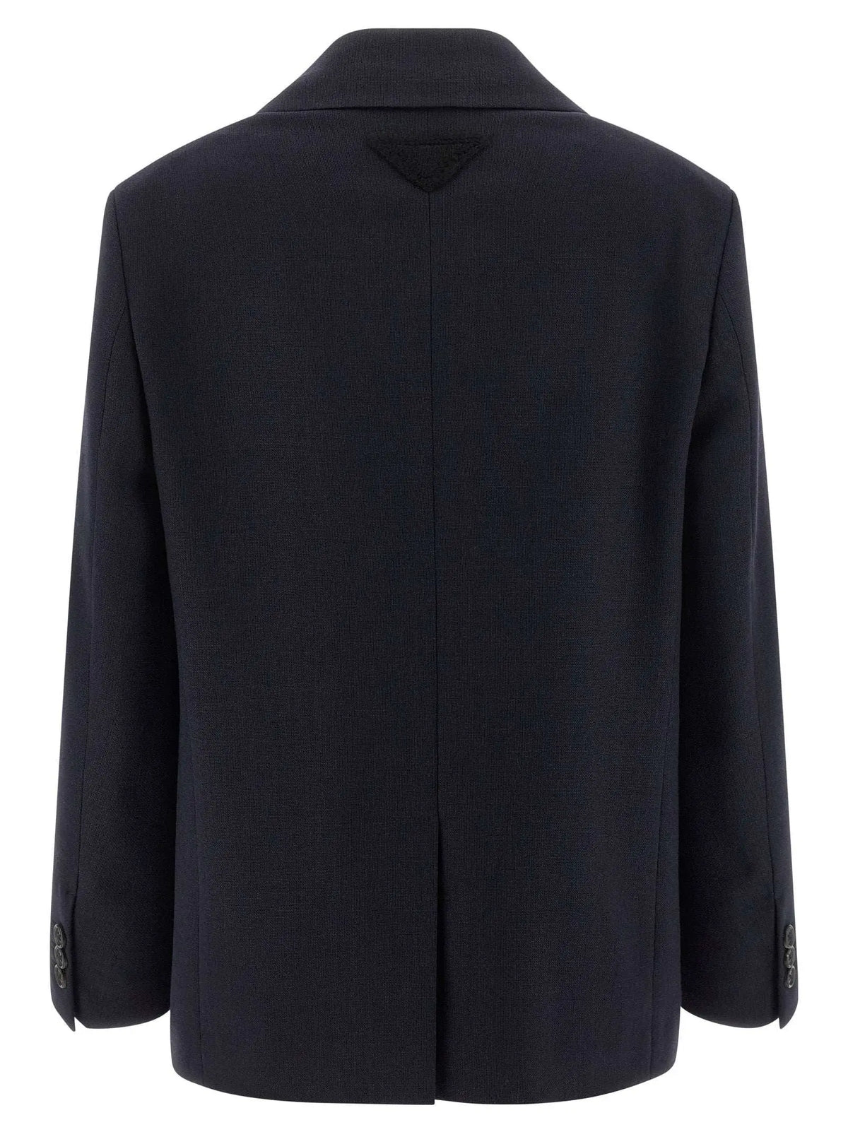 Blazer prada bleu en laine vierge avec tissage texturé subtil et logo triangulaire au col