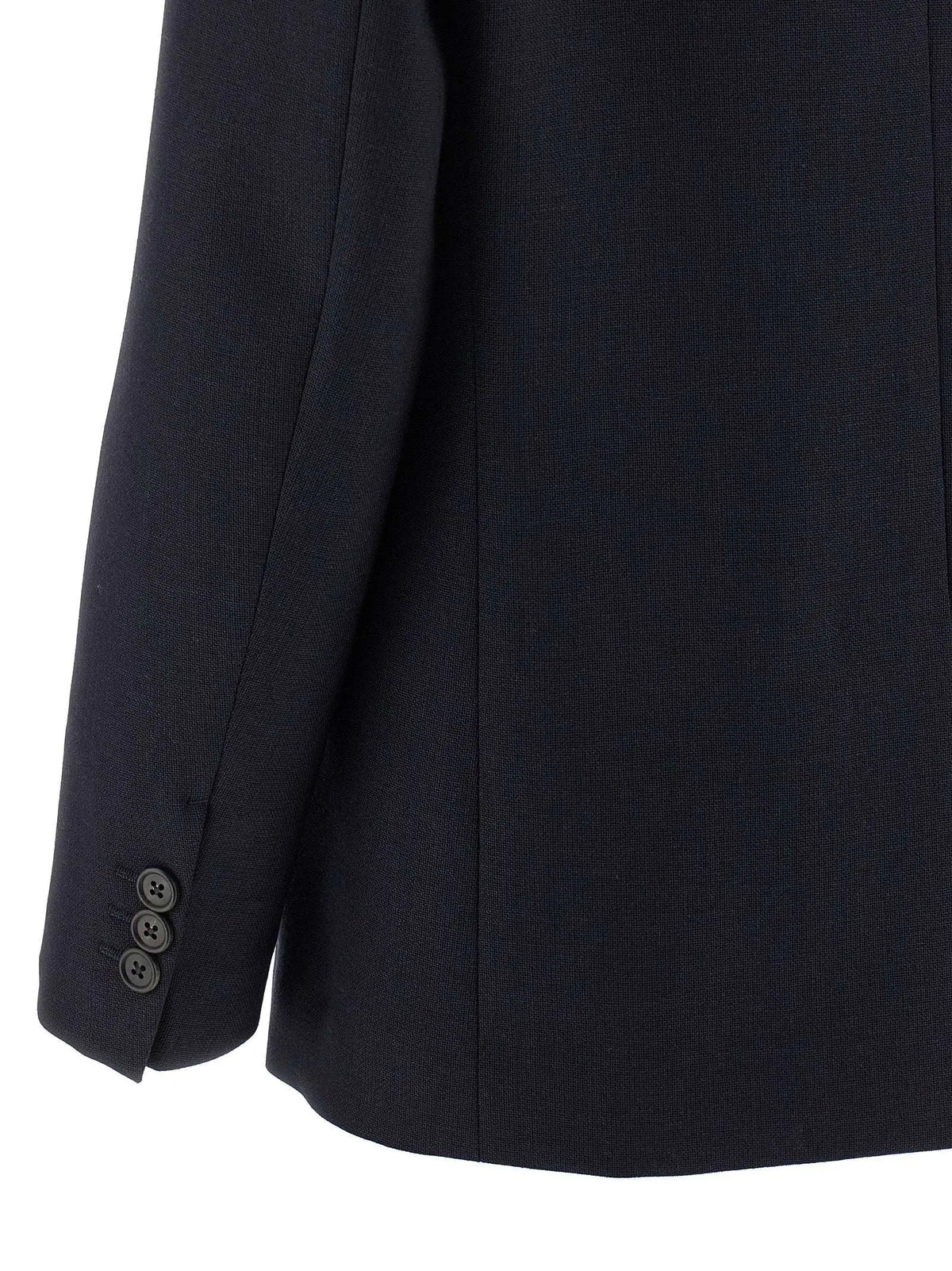 Blazer prada en laine vierge bleu avec texture noire et trois boutons sombres sur le poignet