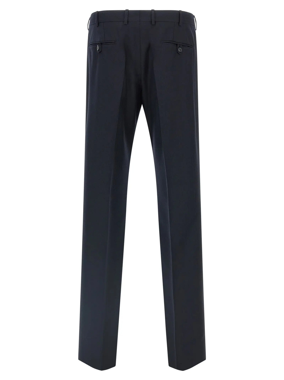Pantalon noir ajusté prada en laine vierge bleue avec coupe droite et plis subtils au dos