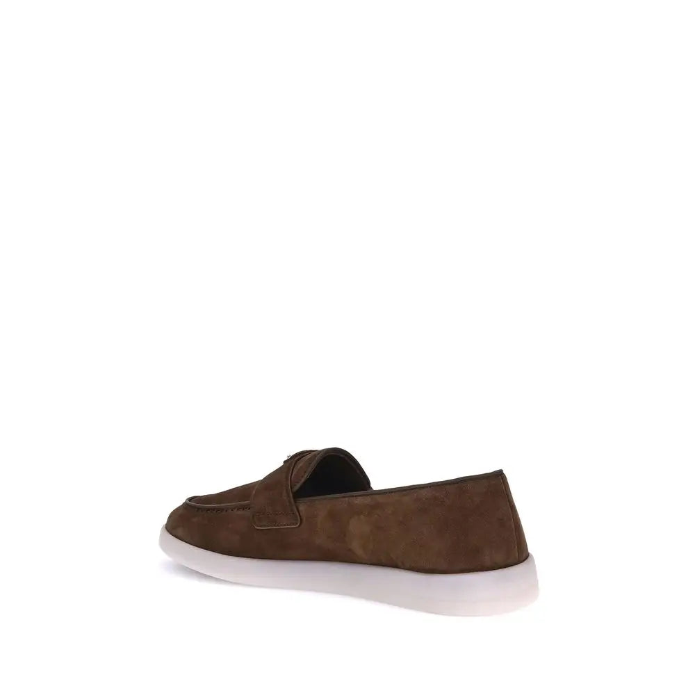 Brown calf leather prada bos taurus slip-on loafers with brown suede upper and white rubber sole